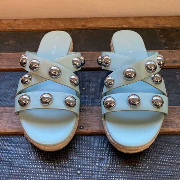 New Marc Fisher Prisca Espadrille Sandals Sz 8.5 Silver Studded Slide mint - Picture 11 of 12